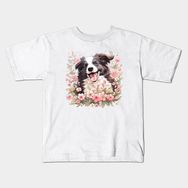 Floral Bliss Border Collie Kids T-Shirt by CleverboyDsgns